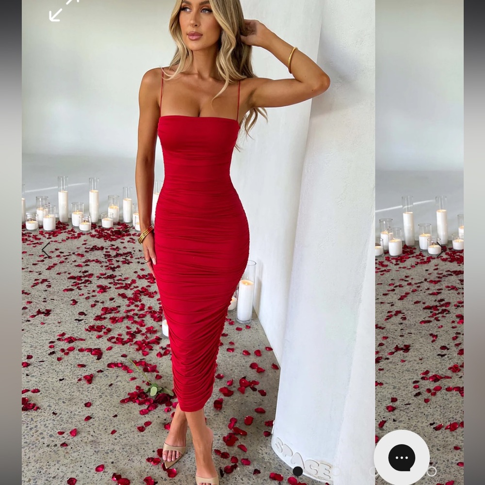 Red Ruched Bodycon Midi Dress - Women